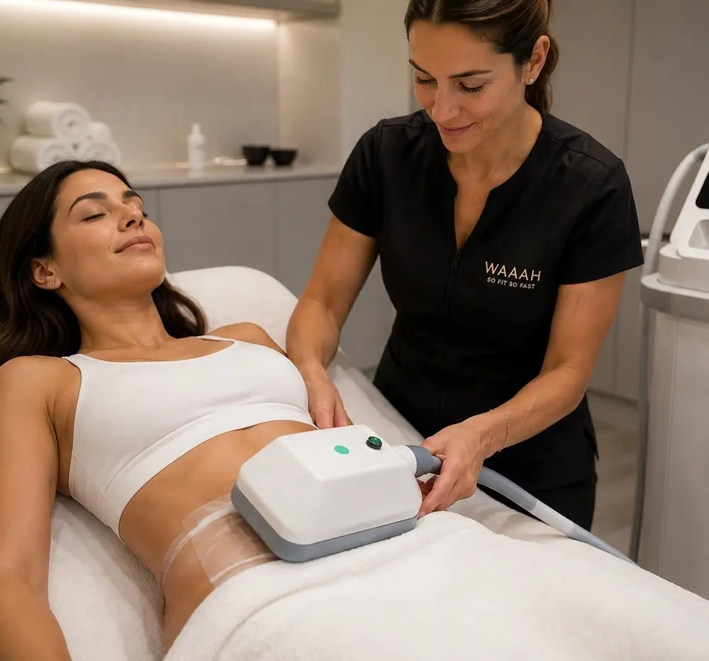 Applicateur de cryolipolyse positionné sur l’abdomen d’une cliente Waaah